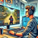 En man sitter vid datorn och tittar på en e-sport match han har spelat på.